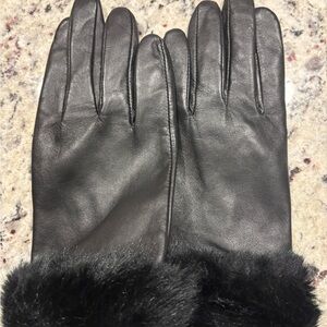 Ralph Lauren Black Leather Gloves with Fur Trim